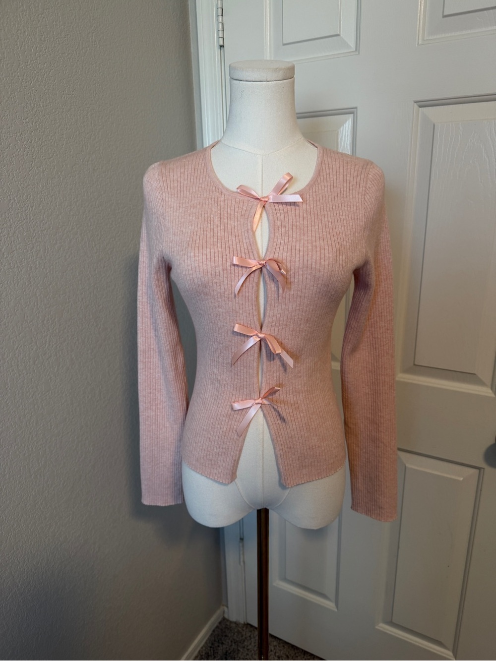Altar'd State Blush Ribbed Crewneck Sweater with Bow Ties - Picture 2 of 5